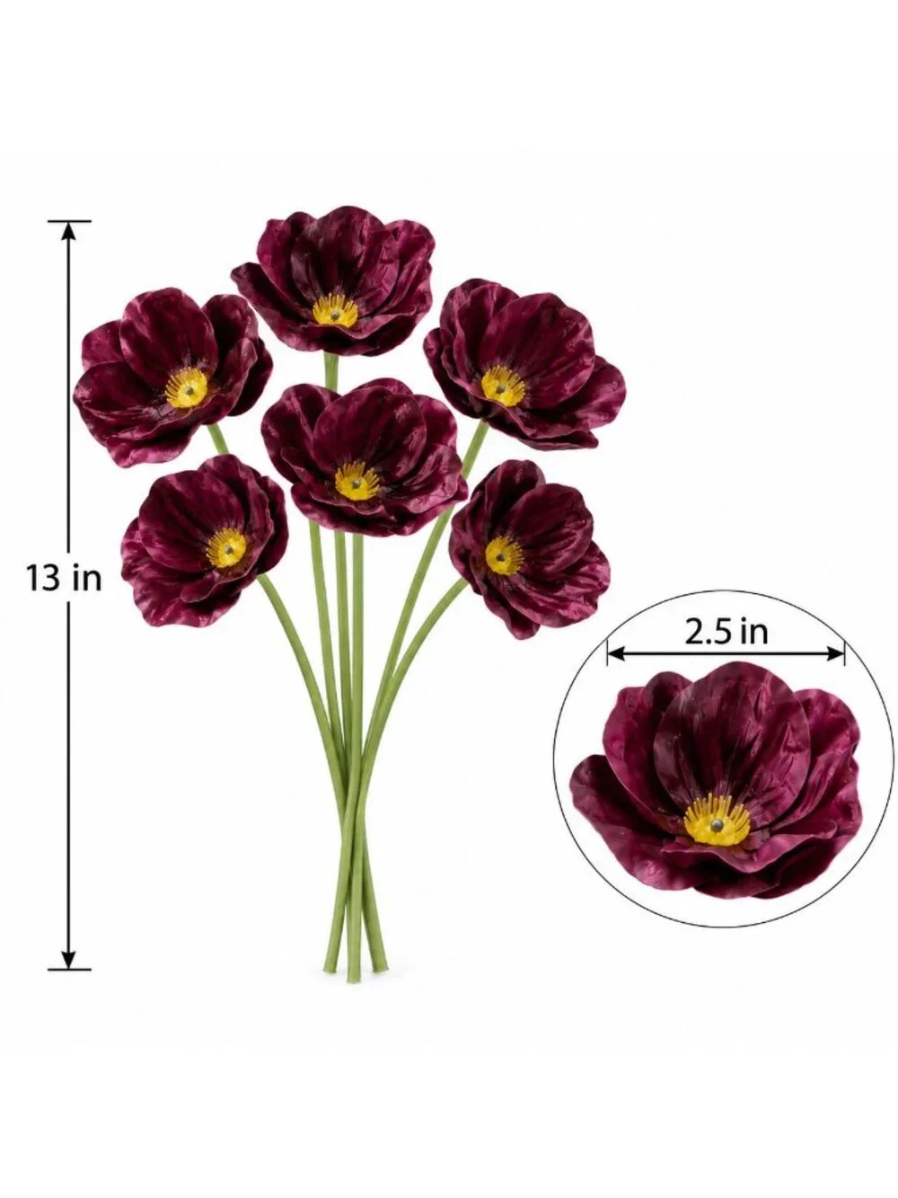 Plum Purple Artificial Poppy Stems, 6 Stem Faux Wildflower Bunch, 13 Inch